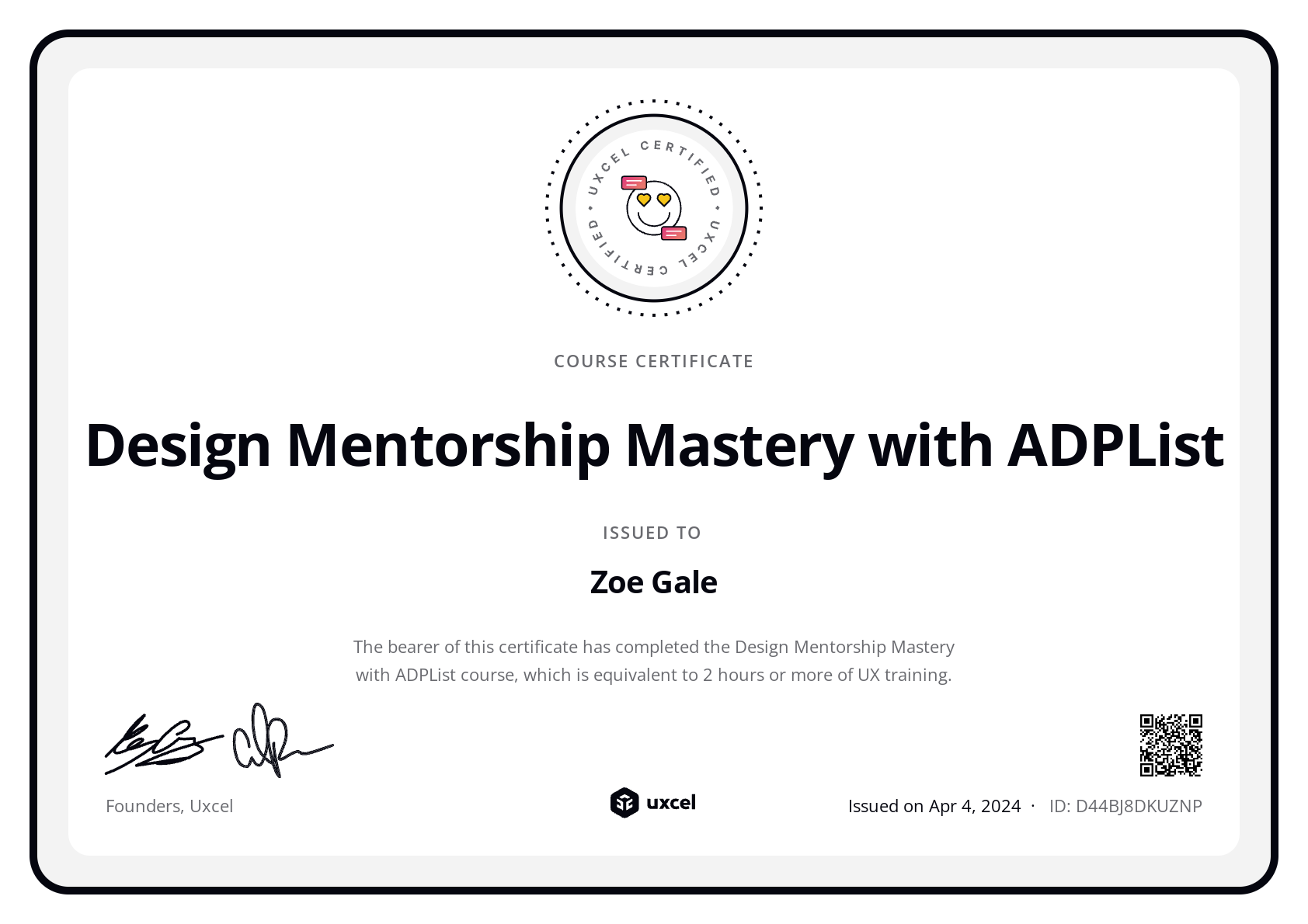 Zoe Gale's certificate